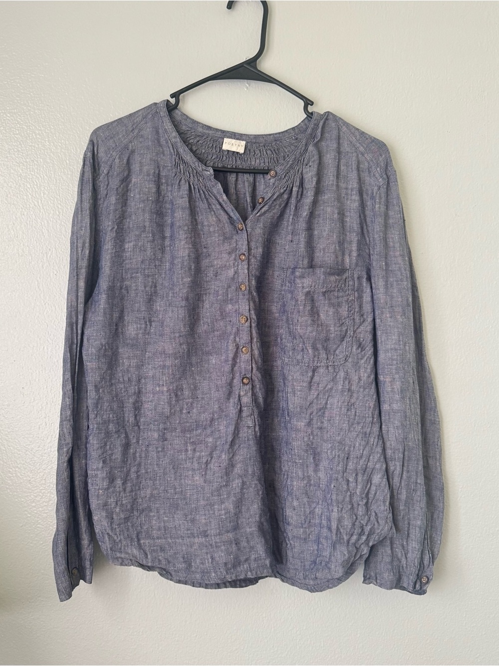 Poetry Women’s Linen Blouse Blue Gray Size UK 14 EU 42 US 10 Long Sleeve